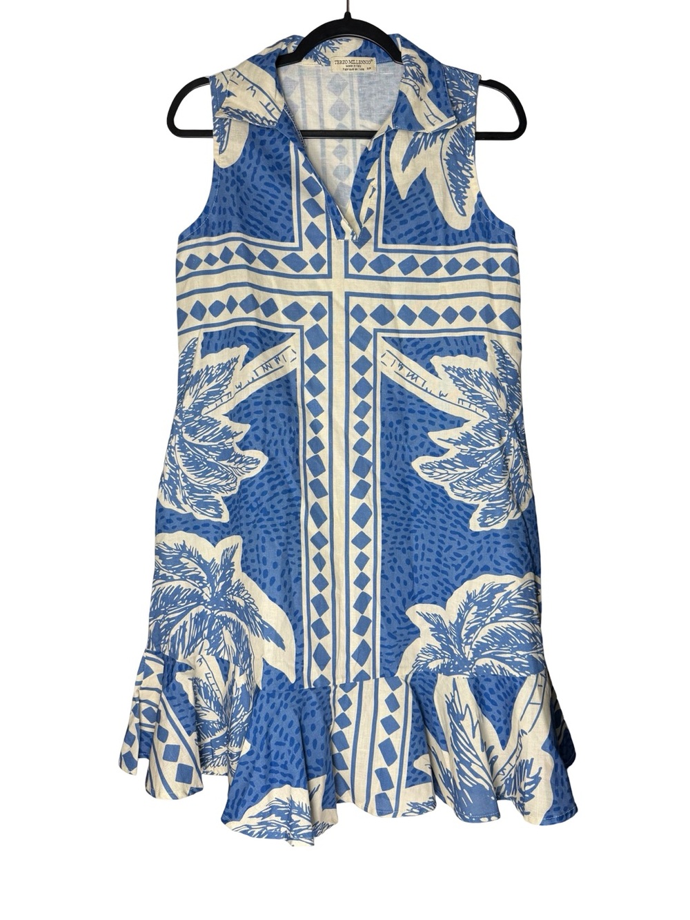 Terzo Millennio Linen Dress Small Blue Palm Print Italian Coastal Euro Summer